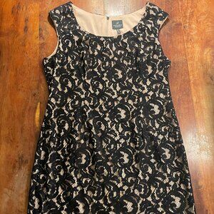 Adrianna Papell sleeveless beige black lace overlay size 14 women's sheath dress